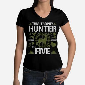 Kids 5 Year Old Hunting Birthday Party Duck Deer Hunter 5Th Gift Women V-Neck T-Shirt | Crazezy UK