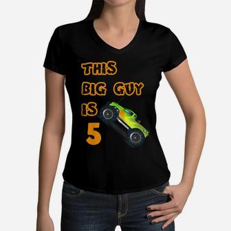 Kids 5Th Birthday Boy Monster Truck Shirt 5 Year Old Boys Cars Women V-Neck T-Shirt | Crazezy UK