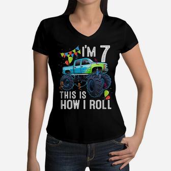Kids 7 Year Old Shirt 7Th Birthday Boy Kid Monster Truck Car Women V-Neck T-Shirt | Crazezy DE