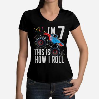 Kids 7 Year Old Shirt 7Th Birthday Boy Monster Truck Car T Shirt Women V-Neck T-Shirt | Crazezy CA