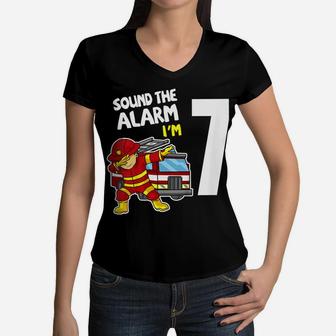 Kids 7Th Birthday Dabbing Firefighter Tee Fire Truck 7 Years Old Women V-Neck T-Shirt | Crazezy