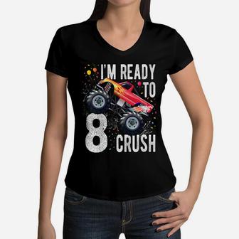 Kids 8Th Birthday Boy Shirt 8 Year Old Monster Truck Car T Shirt Women V-Neck T-Shirt | Crazezy