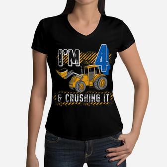 Kids Construction Truck Excavator 4Th Birthday 4 Year Olds 4T Women V-Neck T-Shirt | Crazezy DE