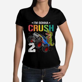 Kids Dinosaur Monster Truck Two Years Old 2Nd Birthday Gift Women V-Neck T-Shirt | Crazezy DE
