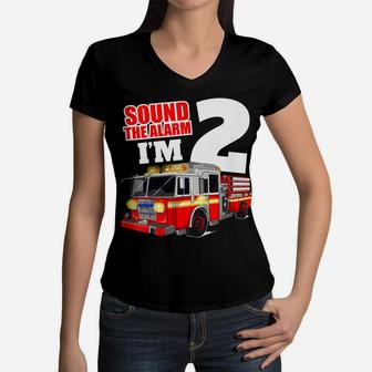 Kids Fire Truck 2Nd Birthday T Shirt 2 Boy Toddler Firefighter Women V-Neck T-Shirt | Crazezy