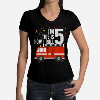 Kids Fire Truck 5Th Birthday Boy 5 Year Old Firefighter Women V-Neck T-Shirt | Crazezy