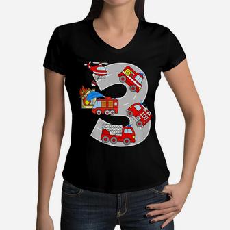 Kids Fire Truck Birthday Shirt 3 Year Toddler Boy Girl 3Rd Bday Women V-Neck T-Shirt | Crazezy