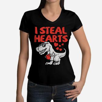 Kids I Steal Hearts Trex Dino Cute Baby Boy Valentines Day Gift Women V-Neck T-Shirt | Crazezy DE