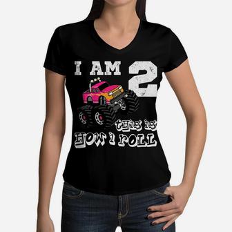 Kids Kids 2 Years Old 2Nd Birthday Monster Truck Car Shirt Girl Women V-Neck T-Shirt | Crazezy AU