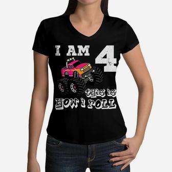 Kids Kids 4 Years Old 4Th Birthday Monster Truck Car Shirt Girl Women V-Neck T-Shirt | Crazezy DE