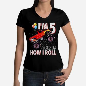 Kids Kids 5 Year Old Shirt 5Th Birthday Boy Monster Truck Car Women V-Neck T-Shirt | Crazezy DE