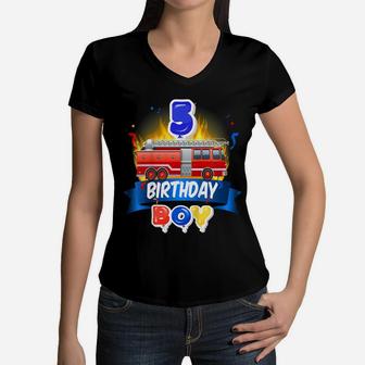 Kids Kids Fire Truck Happy 5Th Birthday Boy Five Years Fireman Women V-Neck T-Shirt | Crazezy