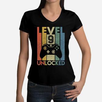 Kids Level 9 Unlocked Shirt Funny Video Gamer 9Th Birthday Gift Women V-Neck T-Shirt | Crazezy DE