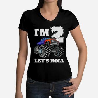 Kids Monster Truck 2Nd Birthday T Shirt Boy 2 Year Old Gift Tee Women V-Neck T-Shirt | Crazezy