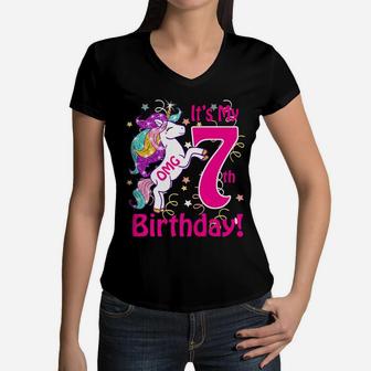 Kids OMG It's My 7Th Birthday Girls Unicorn 7 Years Old Outfit Women V-Neck T-Shirt | Crazezy CA
