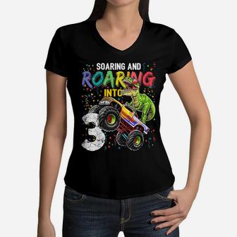 Kids Roaring Monster Truck Dinosaur 3Rd Birthday Shirt Boys Gift Women V-Neck T-Shirt | Crazezy