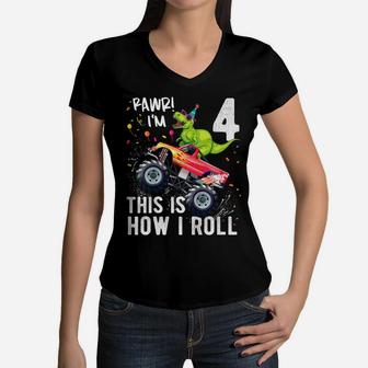 Kids T Rex Dinosaur Monster Truck 4Th Birthday Boys And Girls Women V-Neck T-Shirt | Crazezy