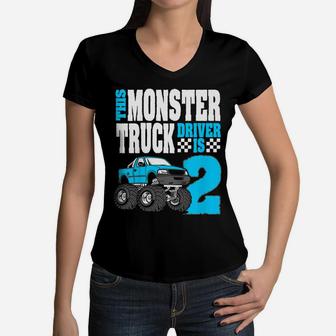 Kids This Monster Truck Driver Is 2 Birthday Top For Boys Women V-Neck T-Shirt | Crazezy UK