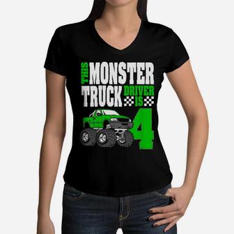 Kids This Monster Truck Driver Is 4 Birthday Top For Boys Women V-Neck T-Shirt | Crazezy UK