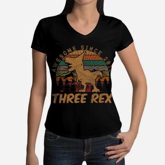 Kids Three Rex 3Rd Birthday Gifts Third Dinosaur 3 Year Old Women V-Neck T-Shirt | Crazezy