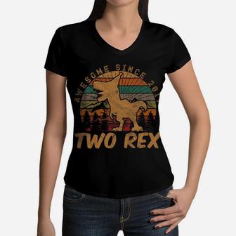 Kids Two Rex 2Nd Birthday Gifts Second Dinosaur 2 Year Old Women V-Neck T-Shirt | Crazezy CA