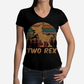 Kids Two Rex Dinosaur Lover 2 Year Old Gift 2Nd Birthday Boy Women V-Neck T-Shirt | Crazezy CA