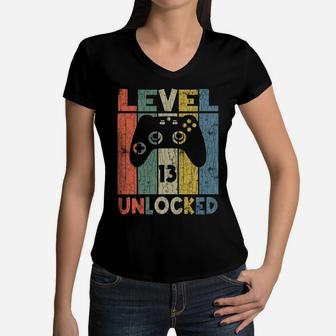 Level 13 Unlocked Gamer Birthday Funny Boy Girl Cute Graphic Women V-Neck T-Shirt | Crazezy