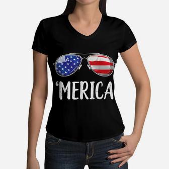 Merica Sunglasses 4Th Of July T Shirt Kids Boys Girls Men US Women V-Neck T-Shirt | Crazezy