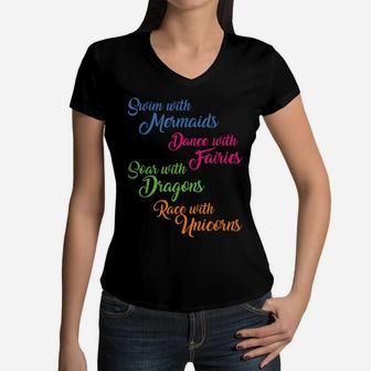 Mermaid Fairy Dragon Unicorn Shirt Girl Women Teen Gift Idea Women V-Neck T-Shirt | Crazezy