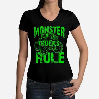 Monster Trucks Rule Top For Boys & Girls Green Women V-Neck T-Shirt | Crazezy CA