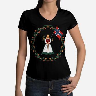 Norway Pride Norwegian Bunad Girl Flag Gift Pride Sweatshirt Women V-Neck T-Shirt | Crazezy AU
