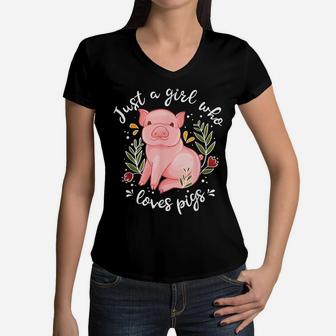 Pig Shirt Just Girl Who Loves Pigs Shirt Pig Lovers Gift Women V-Neck T-Shirt | Crazezy