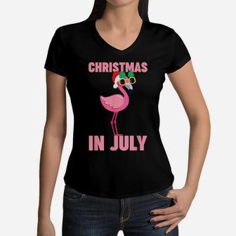 Pink Flamingo In Santa Hat Christmas In July Shirt Gift Girl Women V-Neck T-Shirt | Crazezy