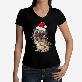 Pug Christmas Tree Lights Santa Dog Xmas Gifts Boys Pugmas Women V-Neck T-Shirt | Crazezy