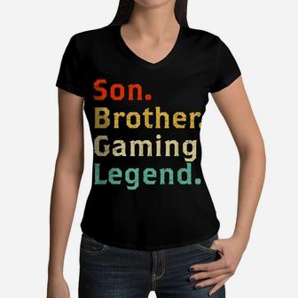Son Brother Gaming Legend Gamer Gifts For Teen Boys Gaming Women V-Neck T-Shirt | Crazezy