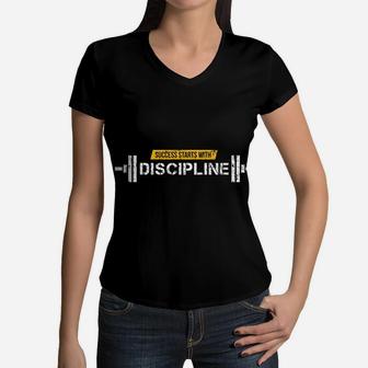 Success Starts With Discipline Motivational Fitness Quotes Women V-Neck T-Shirt | Crazezy