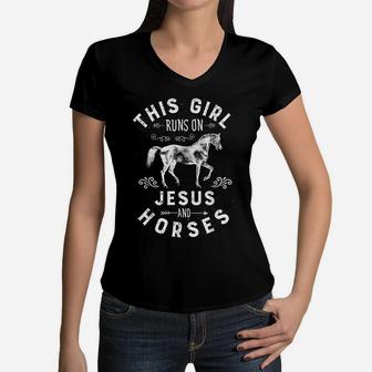 This Girl Runs On Jesus And Horses T Shirt Horse Women Gifts Women V-Neck T-Shirt | Crazezy AU