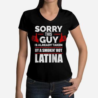 This Guy Is Taken By Smoking Hot Latina Pride Spanish Girl Raglan Baseball Tee Women V-Neck T-Shirt | Crazezy CA