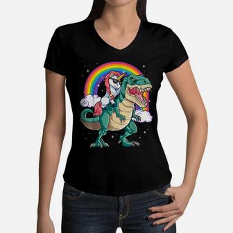 Unicorn Riding T Rex Shirt Dinosaur Boys Girls Kids Gift Men Women V-Neck T-Shirt | Crazezy