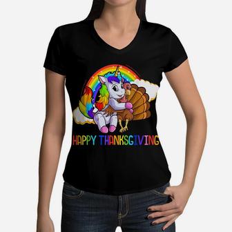 Unicorn Thanksgiving Shirt For Girls Pilgrim Cute Turkey Women V-Neck T-Shirt | Crazezy