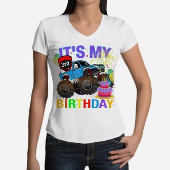 3 Years Old Boys 3Rd Birthday Monster Truck Birthday Gifts Women V-Neck T-Shirt | Crazezy
