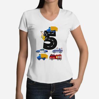 5Th Birthday Boys Fire Truck Police Car 5 Year Old Women V-Neck T-Shirt | Crazezy