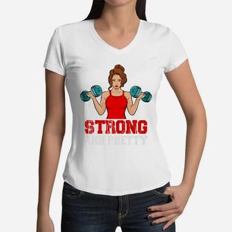 A Strong And Pretty Gymnastic Girl With Dumbbell Women V-Neck T-Shirt | Crazezy UK