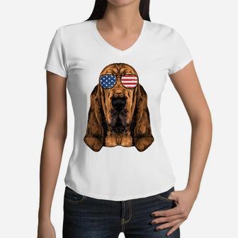 Bloodhound Shirt Men Women Kids American Flag Dog Women V-Neck T-Shirt | Crazezy