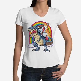 Corgi Unicorn Riding Dinosaur T Rex Gifts Boys Girls Rainbow Women V-Neck T-Shirt | Crazezy