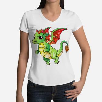 Cute Green Dragon For Girls Boys Kids Women V-Neck T-Shirt | Crazezy DE
