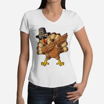Dabbing Turkey Thanksgiving Day Gifts Pilgrim Boys Kids Men Women V-Neck T-Shirt | Crazezy CA