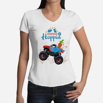 Easter Bunny Rabbit Monster Truck Shirt Toddler Boy Girl Kid Women V-Neck T-Shirt | Crazezy