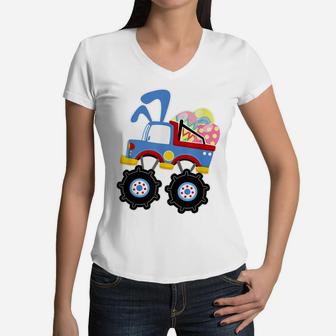 Funny Monster Truck Easter Shirts Kids Boys Toddler Women V-Neck T-Shirt | Crazezy