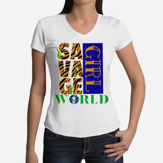 Funny Savage Girl Savage World Women V-Neck T-Shirt | Crazezy DE
